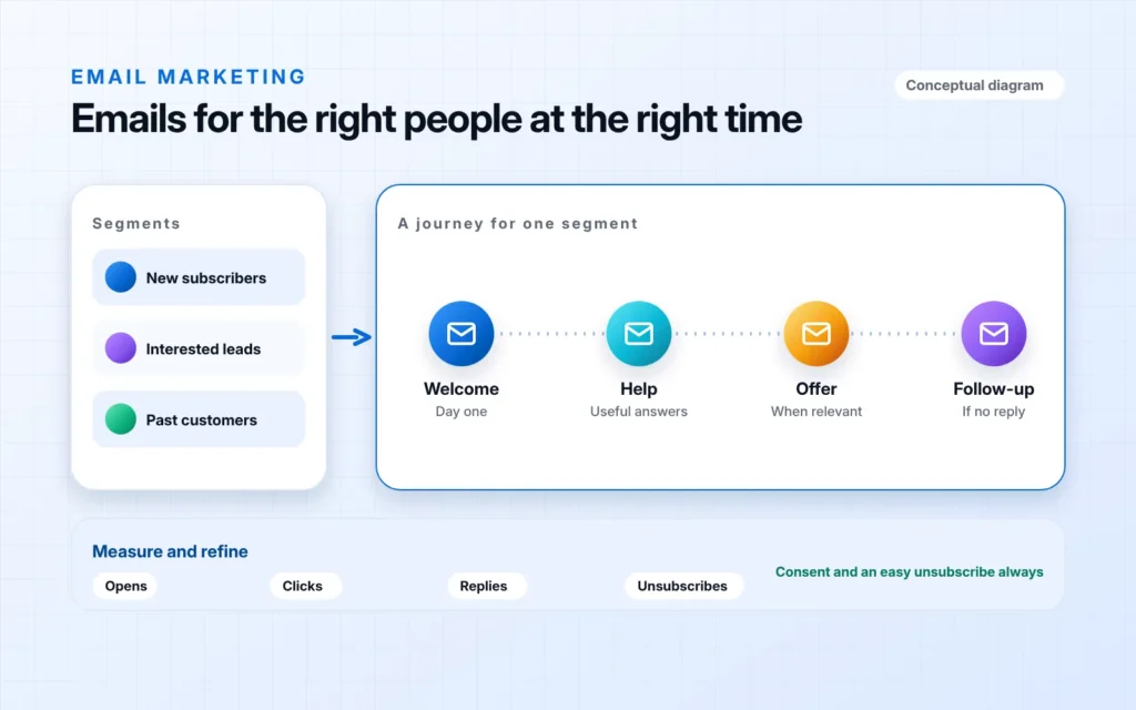 Conceptual diagram: three audience segments, new subscribers, interested leads and past customers, and a four step email journey of welcome, help, offer and follow-up, with opens, clicks, replies and unsubscribes reviewed and consent always respected.