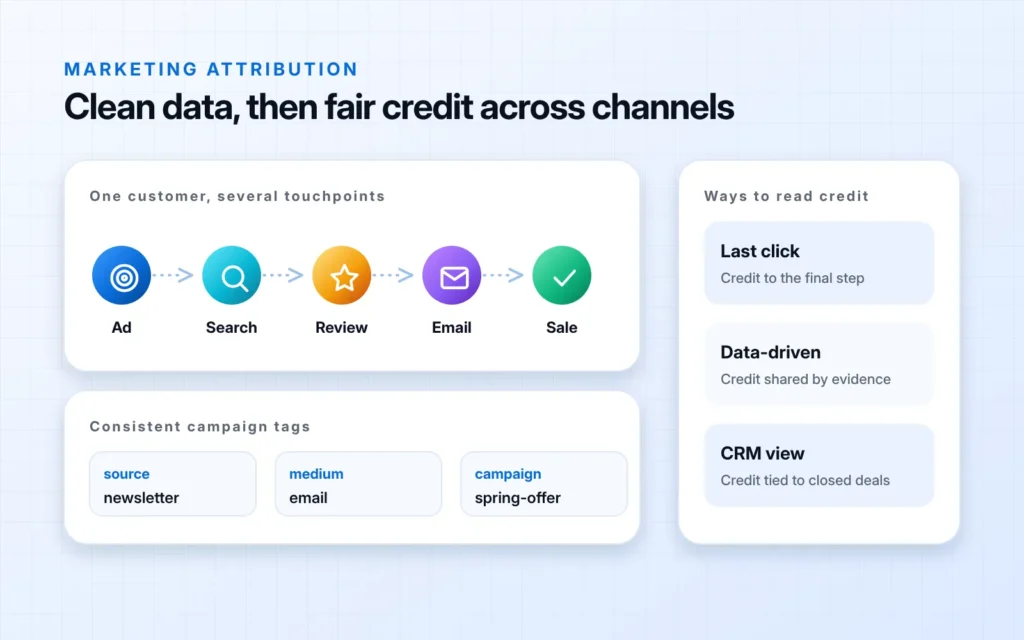A customer journey of five touchpoints, ad, search, review, email and sale, above example campaign tags for source, medium and campaign, beside three ways to read credit: last click, data-driven and CRM view.